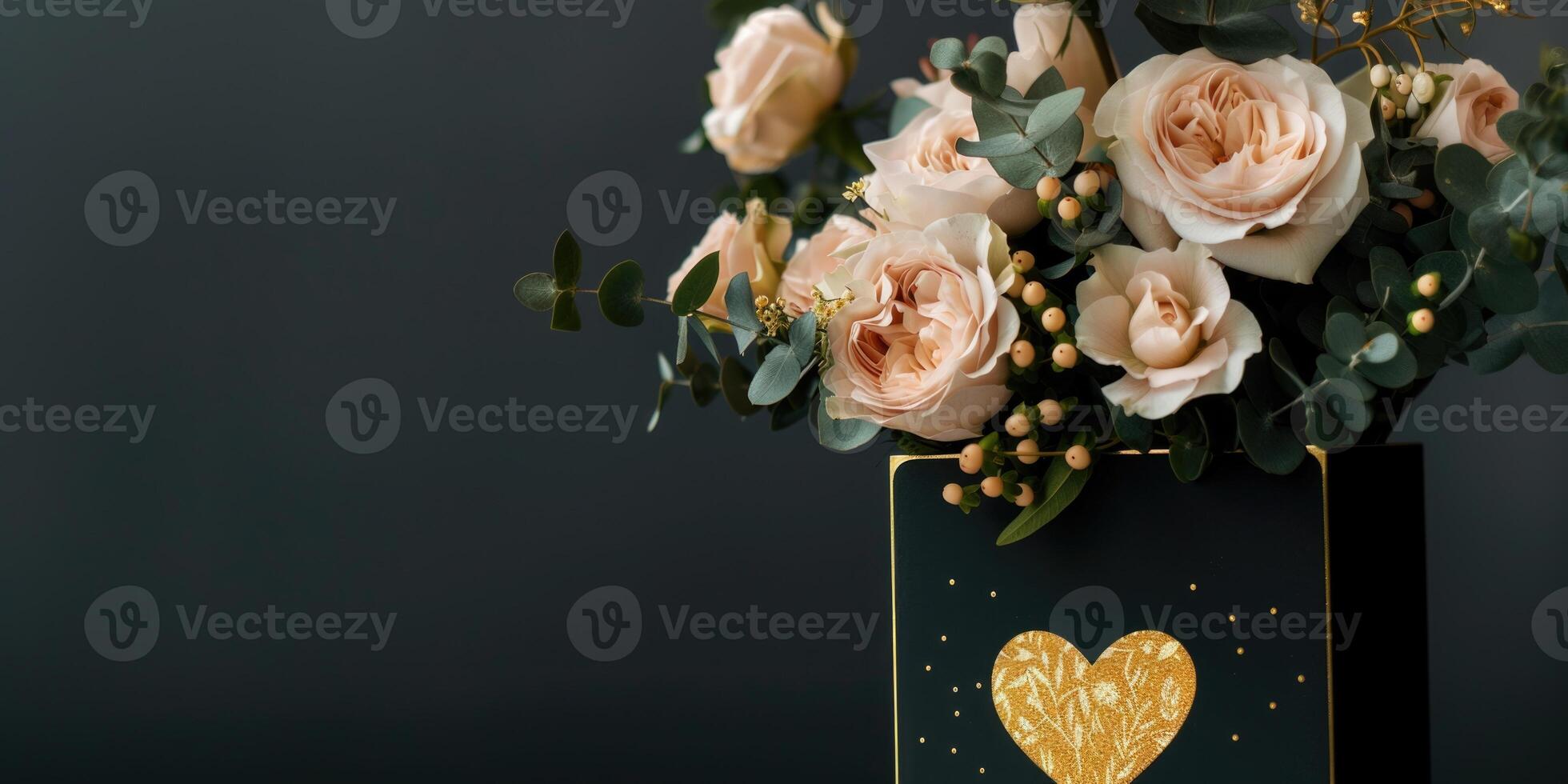 ein Strauß von Weiß Rosen im Luxus Verpackung mit Gold Herzen auf ein dunkel Hintergrund mit Kopieren Raum. festlich Hintergrund zum Geburtstag, Hochzeit oder Damen Tag foto