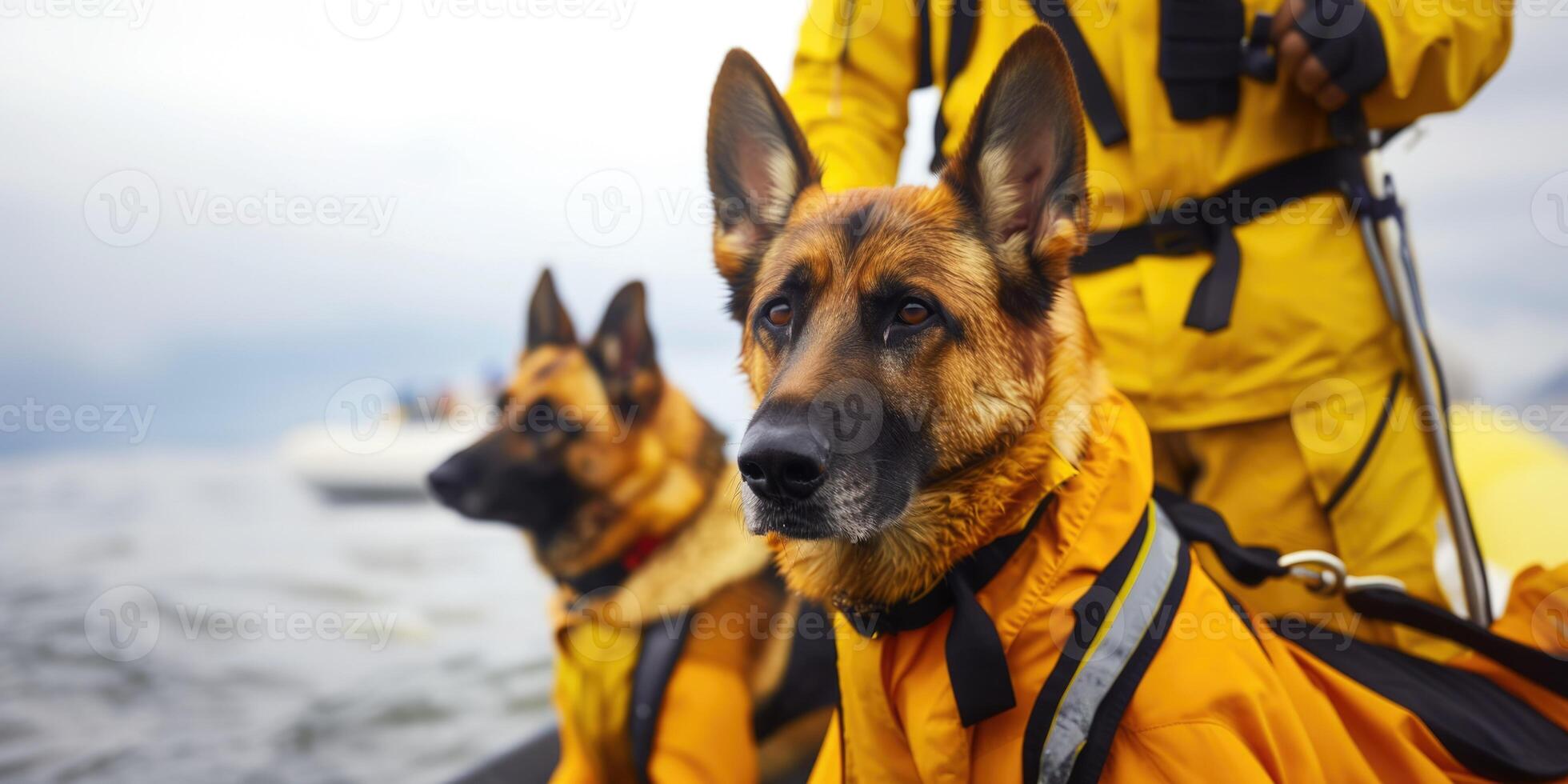 Suche und Rettung Hunde auf ein Boot segeln mit ein Mannschaft auf ein Mission. Banner mit Kopieren Raum foto