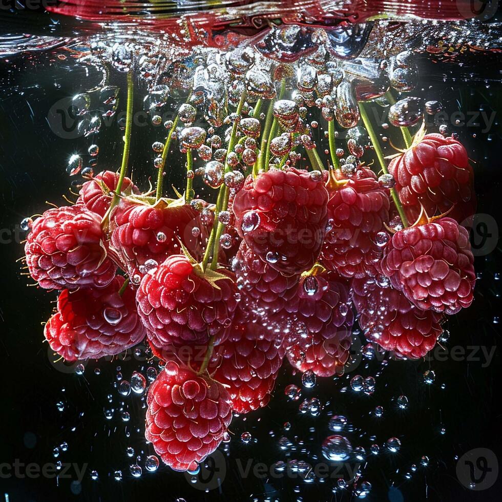 Himbeeren fallen im Wasser mit Spritzen auf schwarz Hintergrund. foto