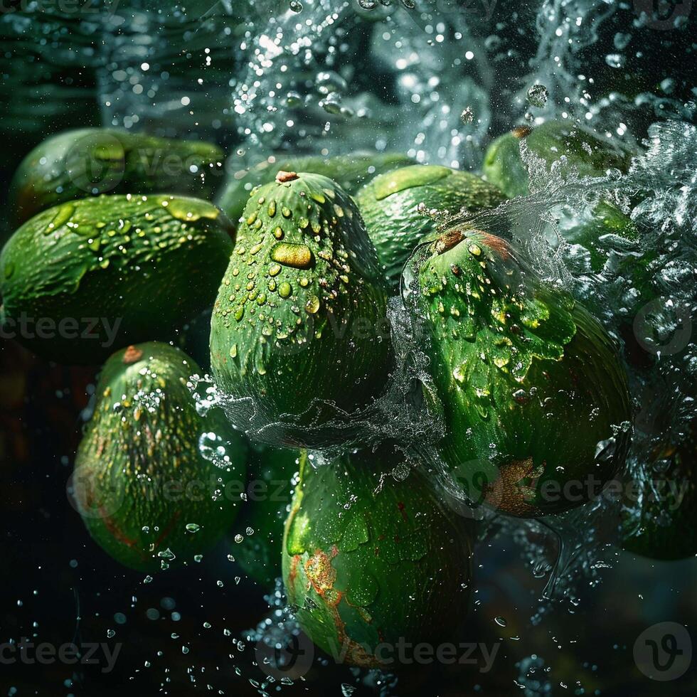 Avocados fallen im Wasser mit Spritzen auf schwarz Hintergrund. foto