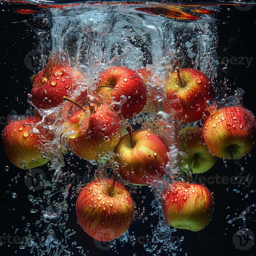 Äpfel fallen im Wasser mit Spritzen auf schwarz Hintergrund. foto