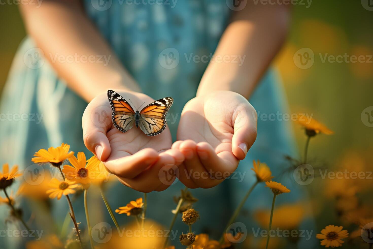 Schmetterling im Kinder- Hände gegen das Hintergrund von ein Sommer- Feld foto