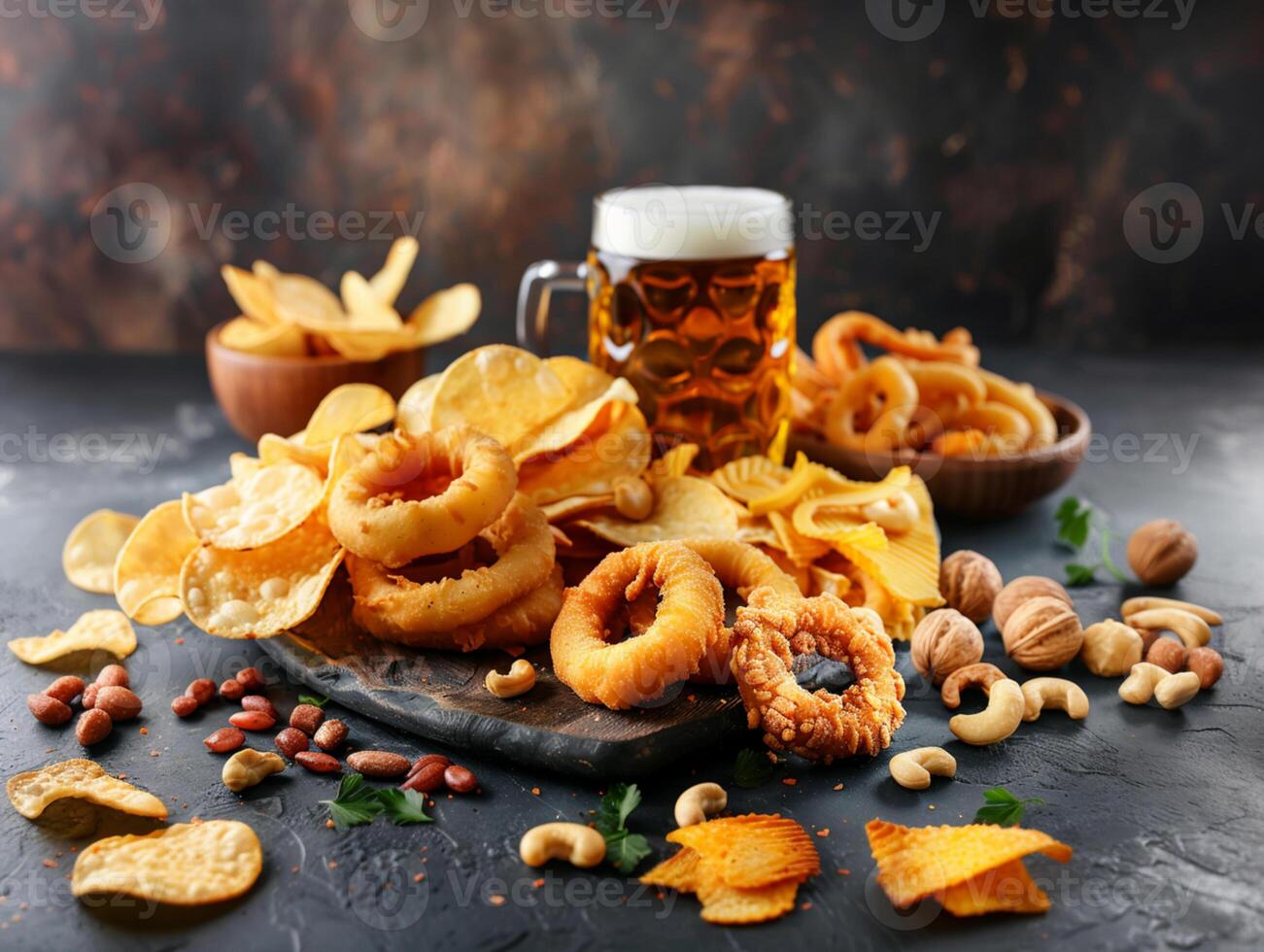 ein einstellen von Bier Snacks, Chips, Nüsse, Snacks. Becher von Licht Bier, Textur Hintergrund, hölzern Geschirr foto