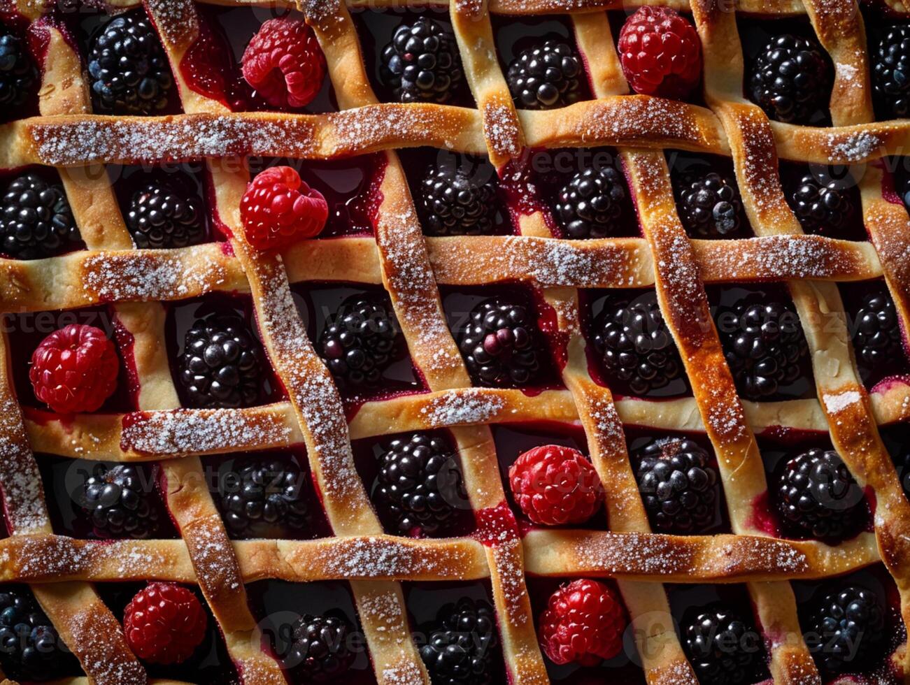 Beere Kuchen gefüllt mit Himbeeren und Brombeere, dekoriert mit ein Gittergewebe von Teig. Textur Hintergrund. ästhetisch Foto