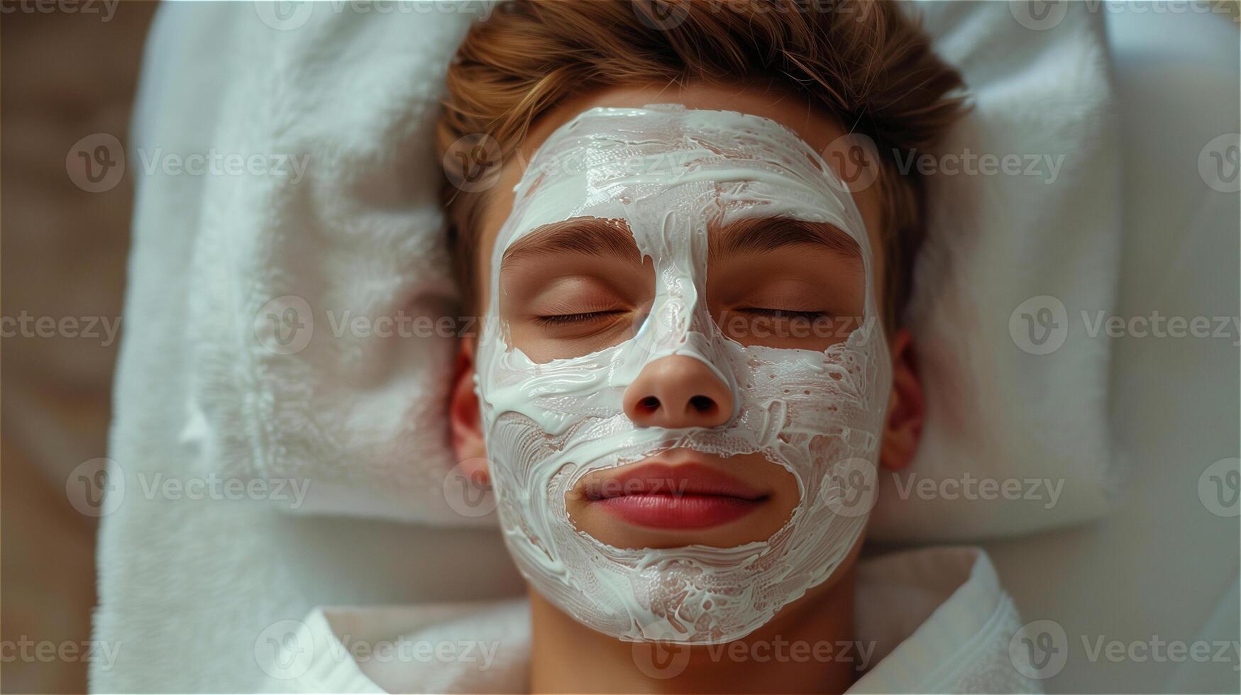gut aussehend jung Mann genießen Gesichts- Spa Behandlung foto