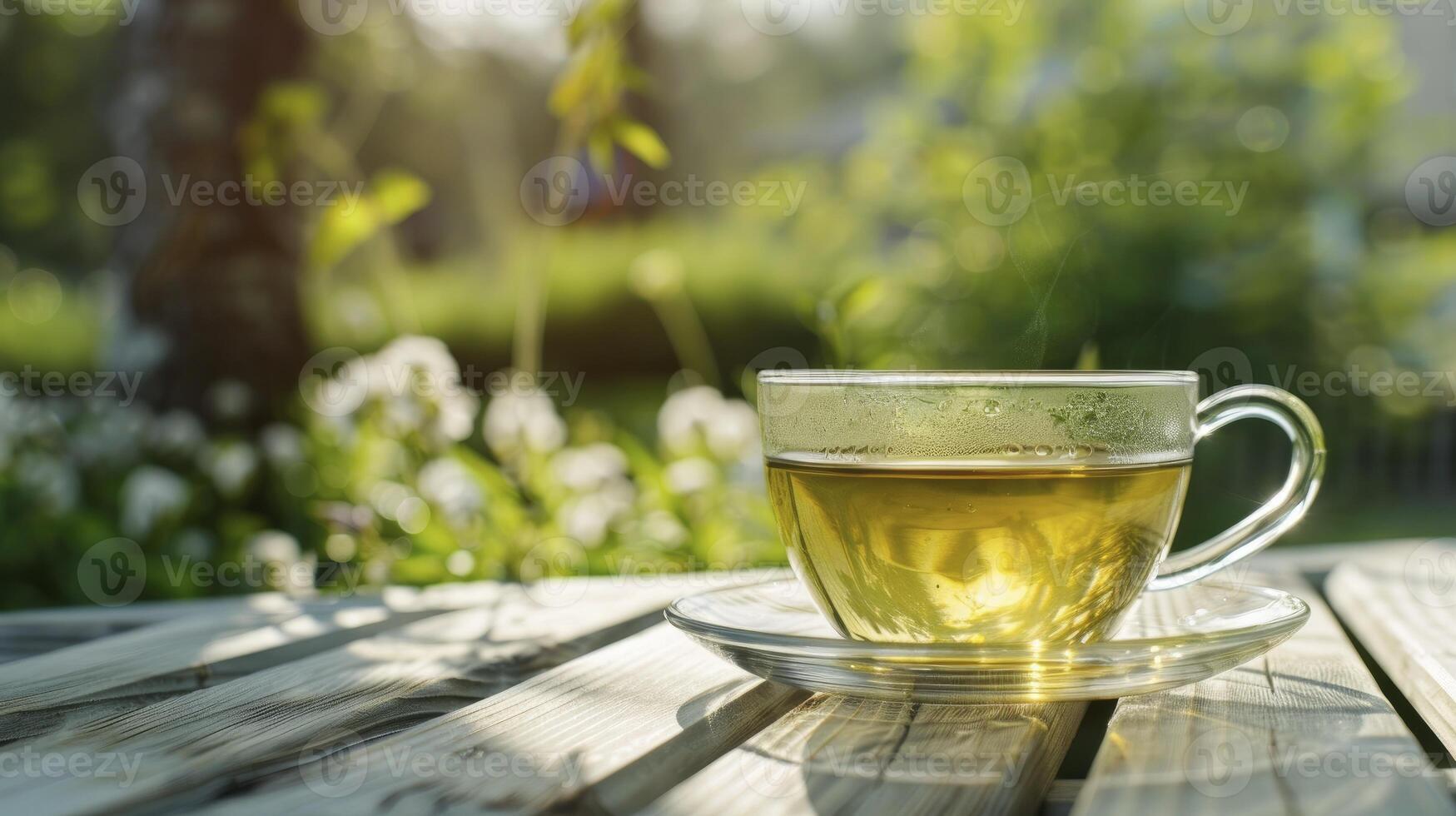 Gelassenheit im Natur, aromatisch Grün Tee serviert im ein Glas Tasse ruhen auf ein Licht hölzern Tabelle draußen, Angebot Raum zum Text foto
