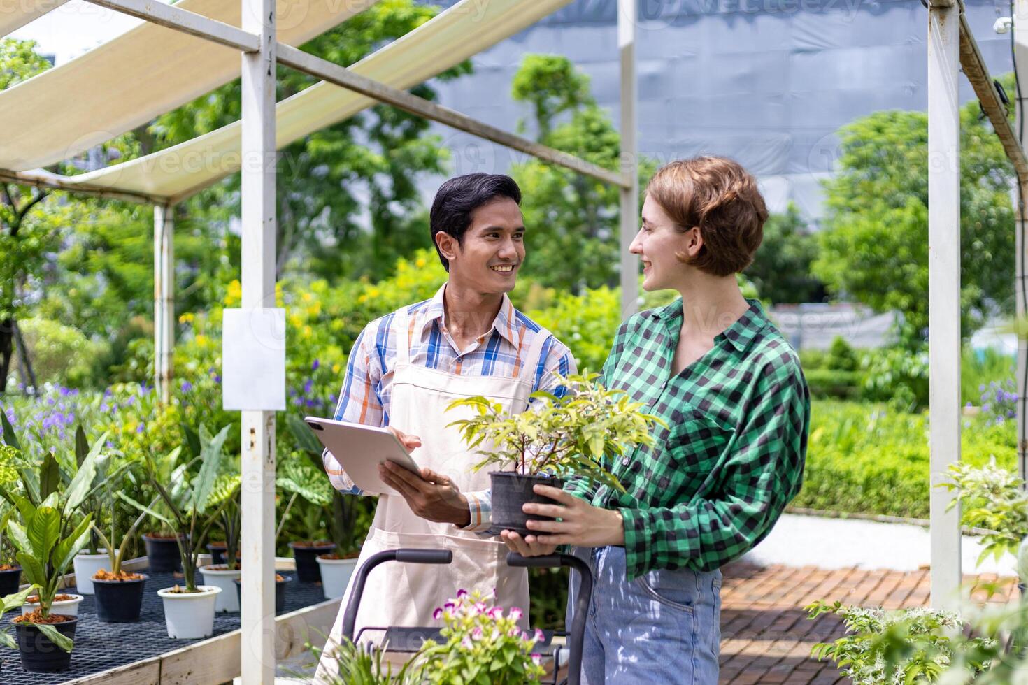 jung kaukasisch Kunde ist fragen das Kindergarten Inhaber Über das exotisch Pflanze mit Einkaufen Wagen voll von Sommer- Pflanze zum Wochenende Gartenarbeit und draussen foto