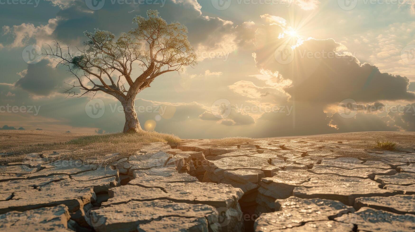 trocken geknackt Land mit tot Baum und Himmel im Hintergrund ein Konzept von global Erwärmen foto