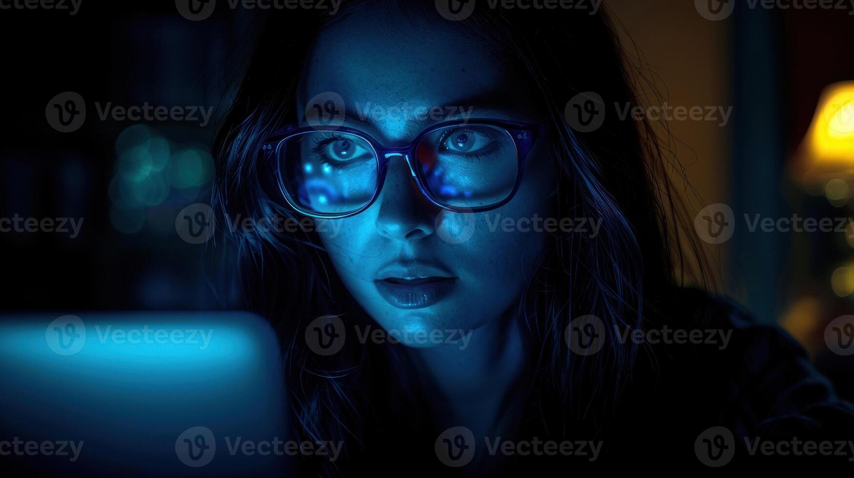 ein Frau mit Brille konzentriert auf das Bildschirm von ihr Laptop foto