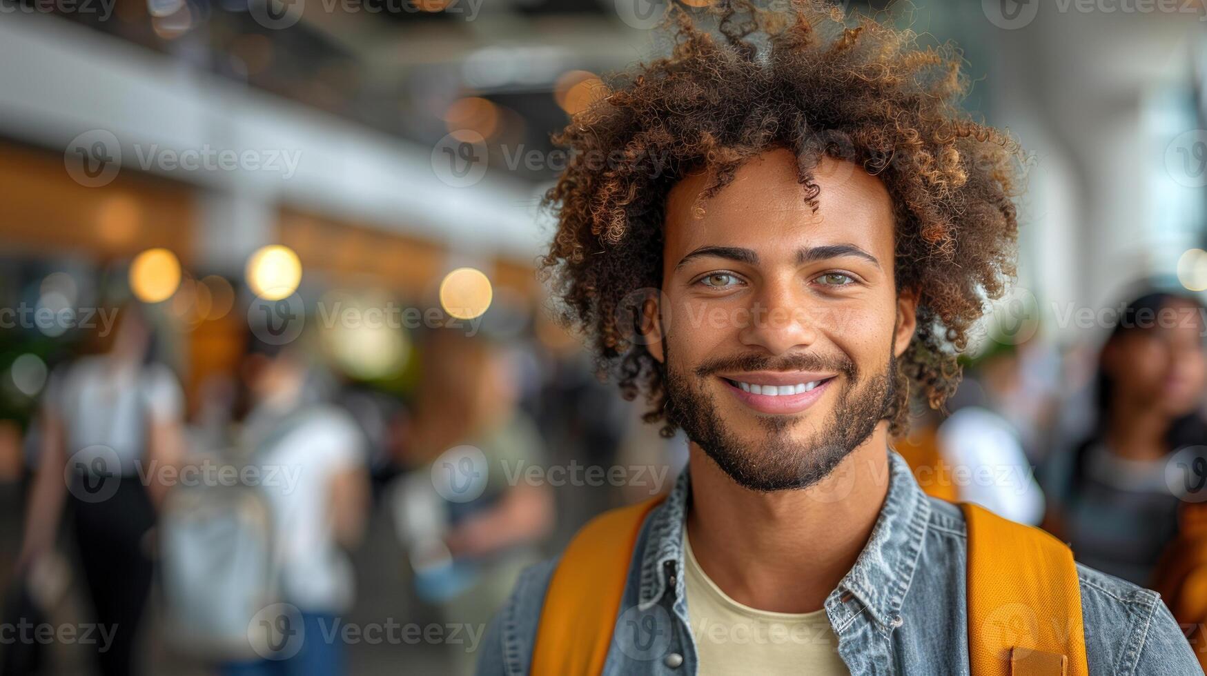 ein Mann mit lockig Haar Tragen ein Rucksack foto