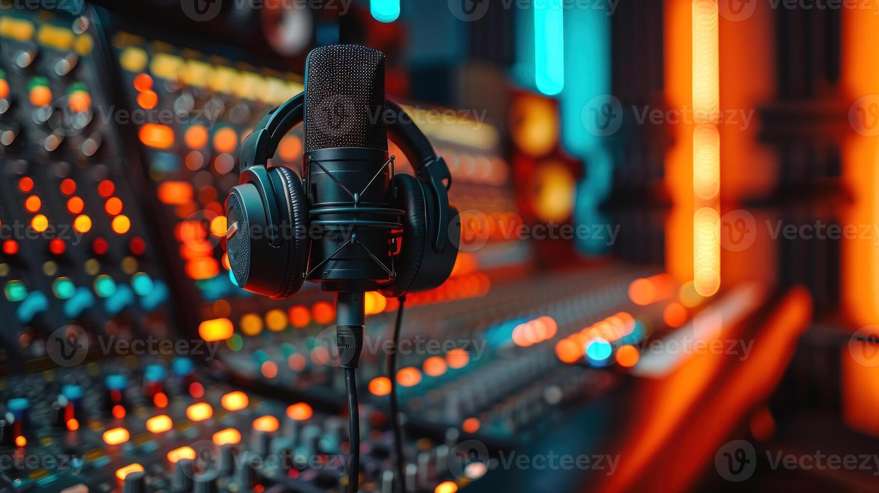 Fachmann Aufzeichnung Ausrüstung einschließlich Kopfhörer und ein Mikrofon im ein zeitgenössisch Studio Rahmen foto