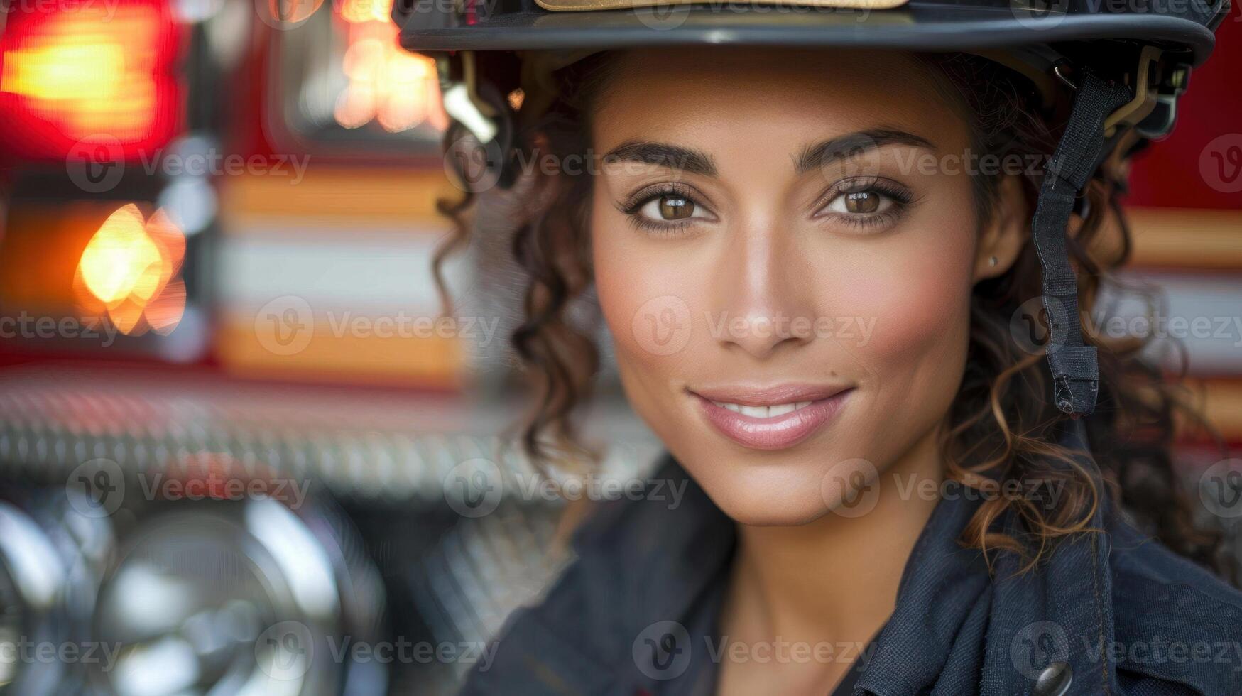 ein Frau Stehen im Vorderseite von ein Feuer LKW, tragen ein Feuerwehrleute Hut foto