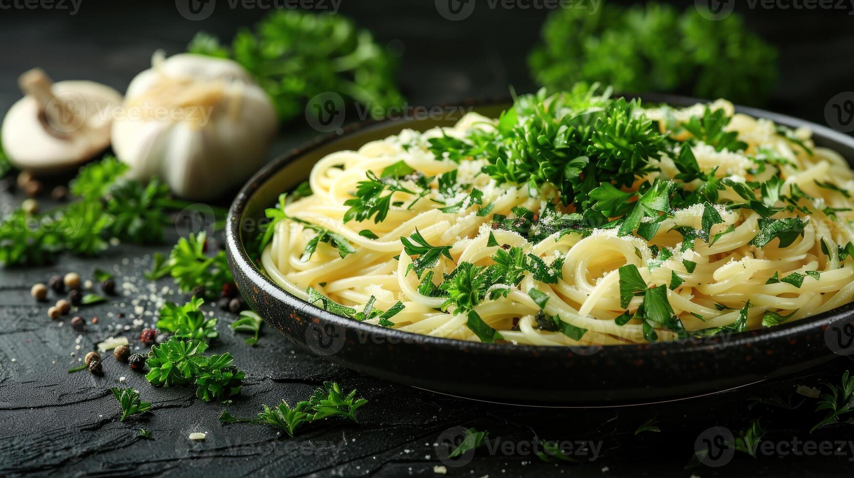 Pasta Gericht mit Petersilie und Knoblauch im ein Weiß Schüssel foto