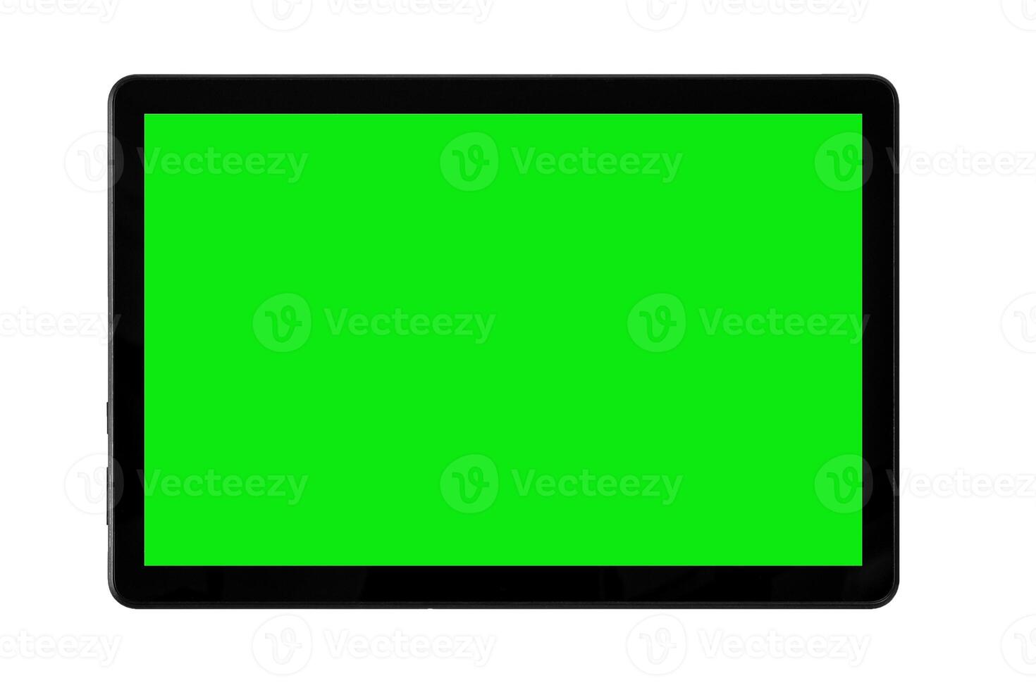 schwarz Tablette isoliert auf ein Weiß Hintergrund. Grün Bildschirm mit leer mit Kopieren Raum. Chroma Schlüssel spotten hoch. foto