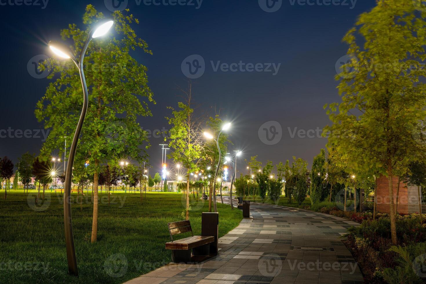 Stadt Nacht Park im früh Sommer- oder Frühling mit Gehweg, Laternen, jung Grün Rasen und Bäume. foto