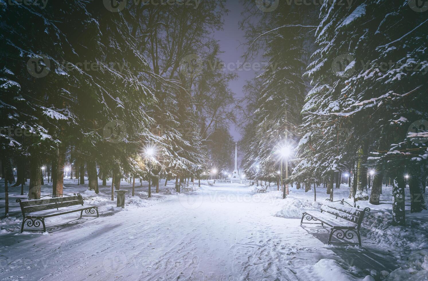 Winter Nacht Park mit Bäume, glühend Laternen und Bänke bedeckt mit Schnee. Jahrgang Film ästhetisch. foto