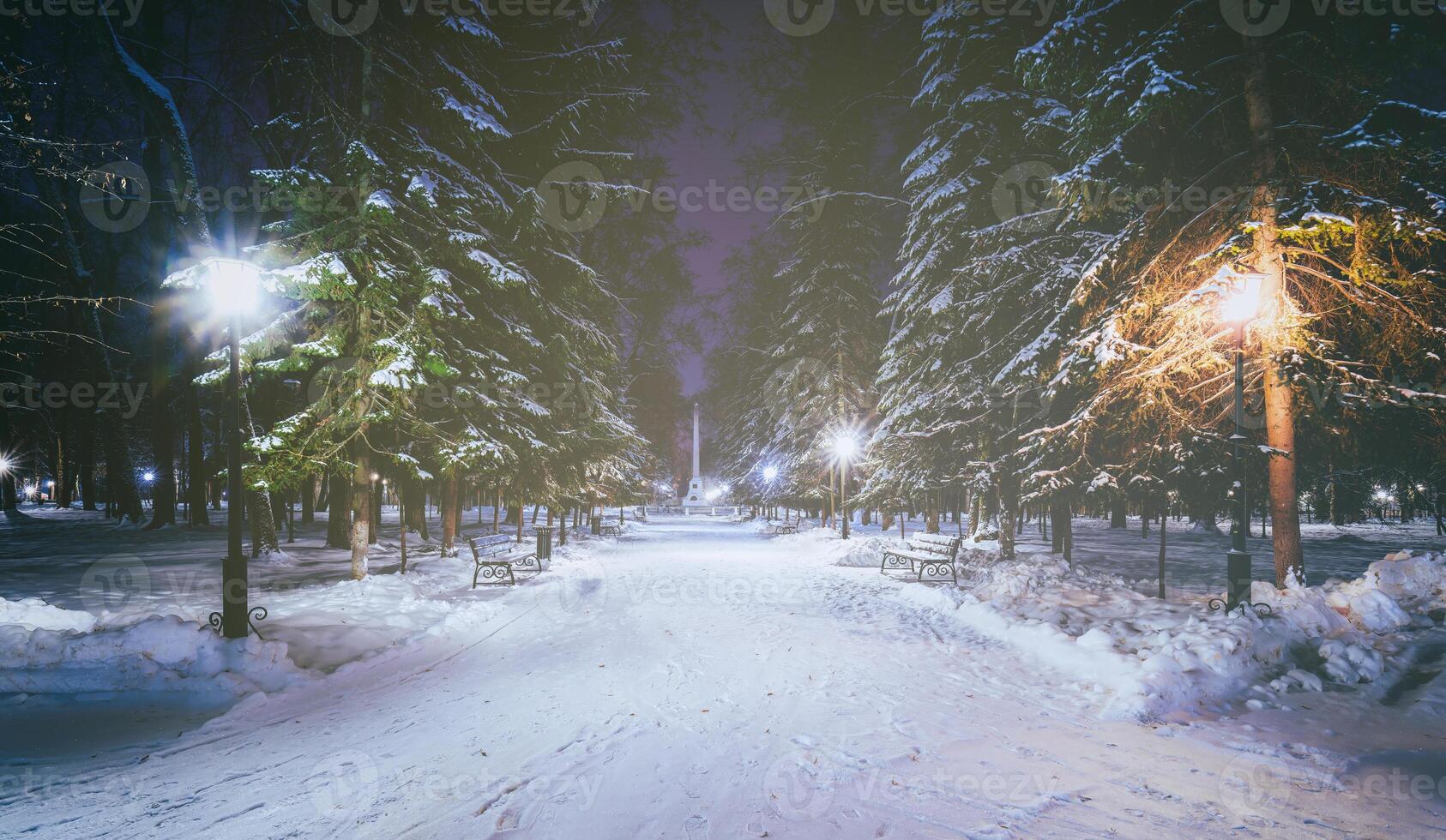 Winter Nacht Park mit Bäume, glühend Laternen und Bänke bedeckt mit Schnee. Jahrgang Film ästhetisch. foto