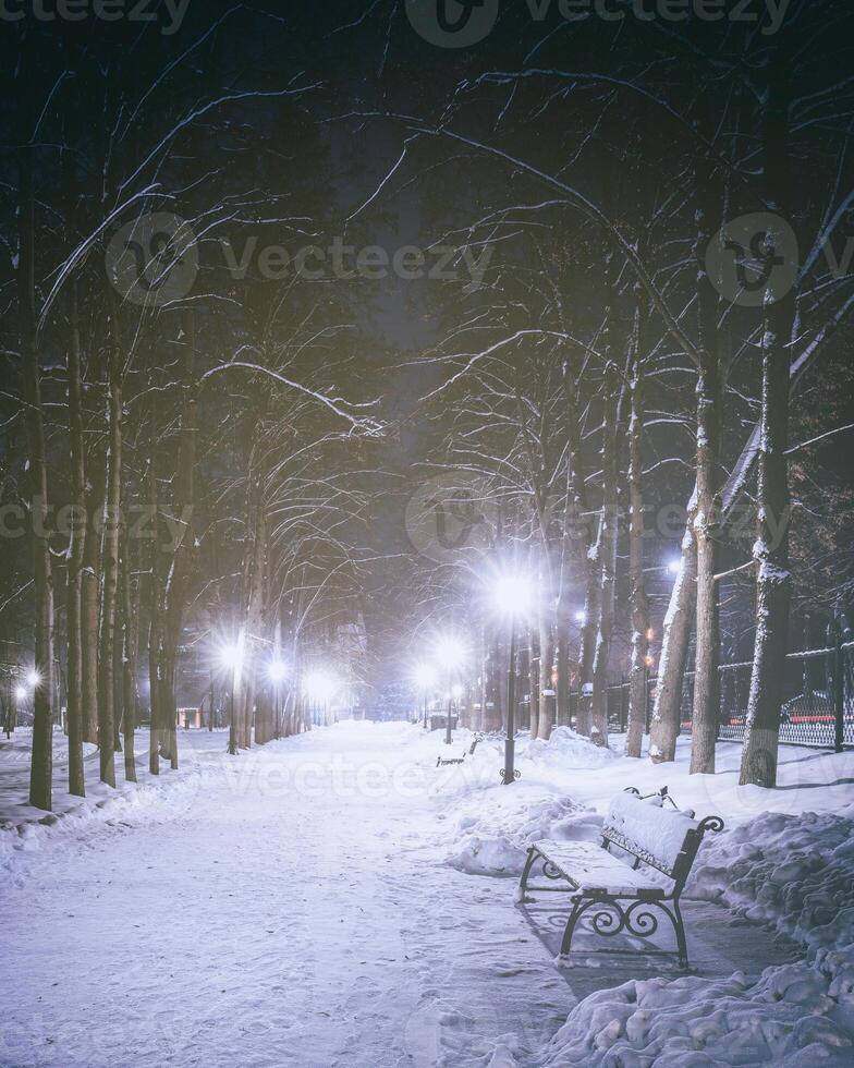 Winter Nacht Park mit Bäume, glühend Laternen und Bänke bedeckt mit Schnee. Jahrgang Film ästhetisch. foto