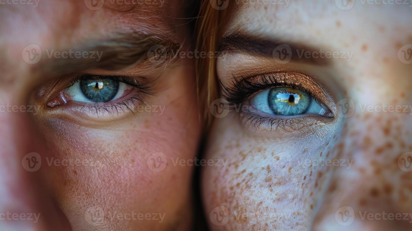 zwei Einzelpersonen mit auffällig Blau Augen im ein Nahansicht Schuss foto