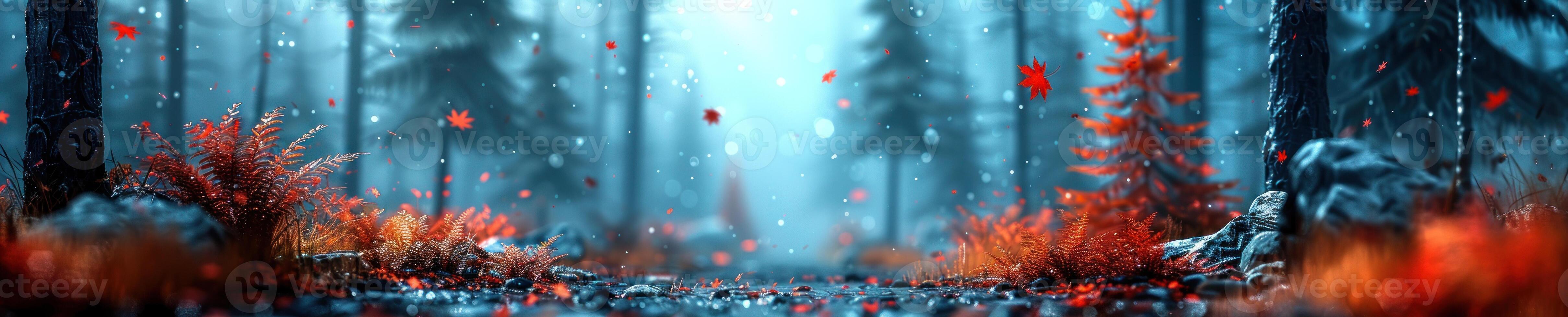 ein Gemälde abbilden ein dicht Wald gefüllt mit beschwingt rot Blätter foto