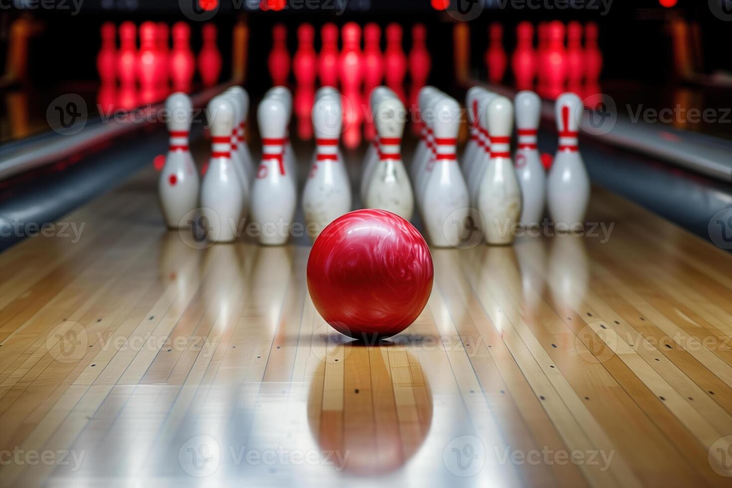 rot Bowling Ball auf das Rand von ein Streik beim Bowling Gasse. foto