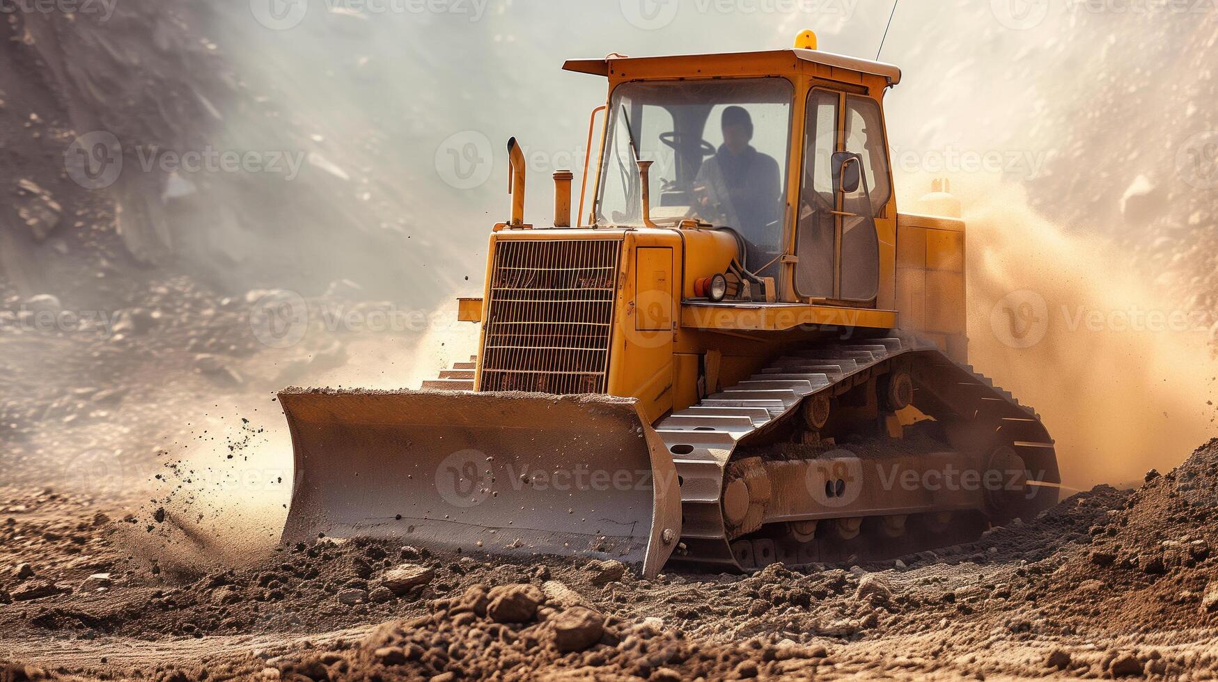 Bulldozer im Aktion beim Konstruktion Seite? ˅ ziehen um Erde und Staub. foto