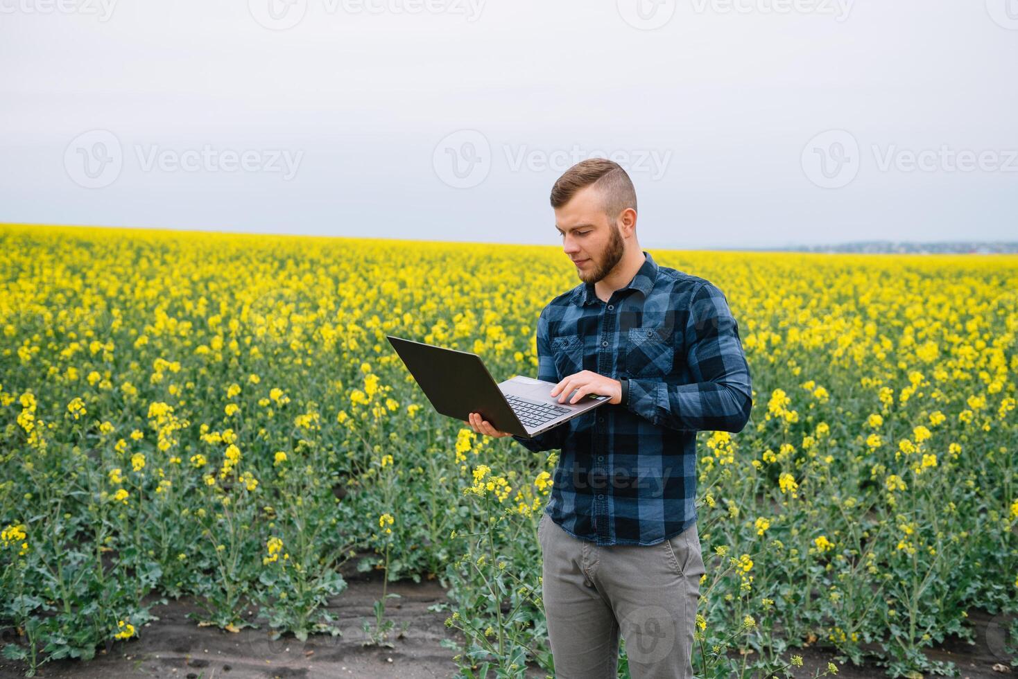 jung Agronom hält Laptop im vergewaltigen Feld. Landwirtschaft Konzept. landwirtschaftlich Ingenieur Stehen im ein vergewaltigen Feld mit ein Laptop im Sommer. foto