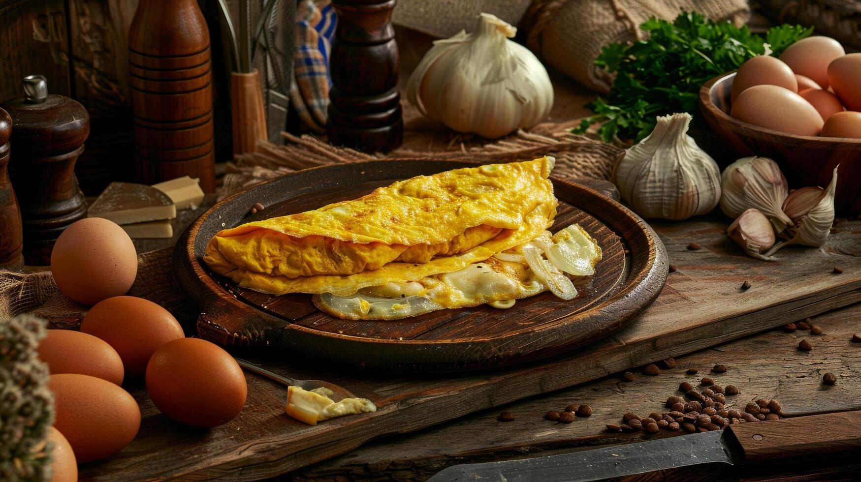 Käse Omelette auf rustikal Holz foto