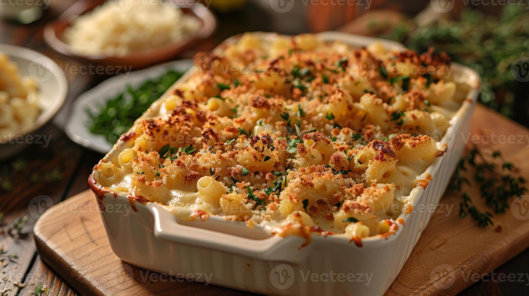 ein Weiß Kasserolle Gericht gefüllt mit Pasta und Käse. das Gericht ist auf ein hölzern Tabelle mit ein wenige Schalen und Löffel in der Nähe foto