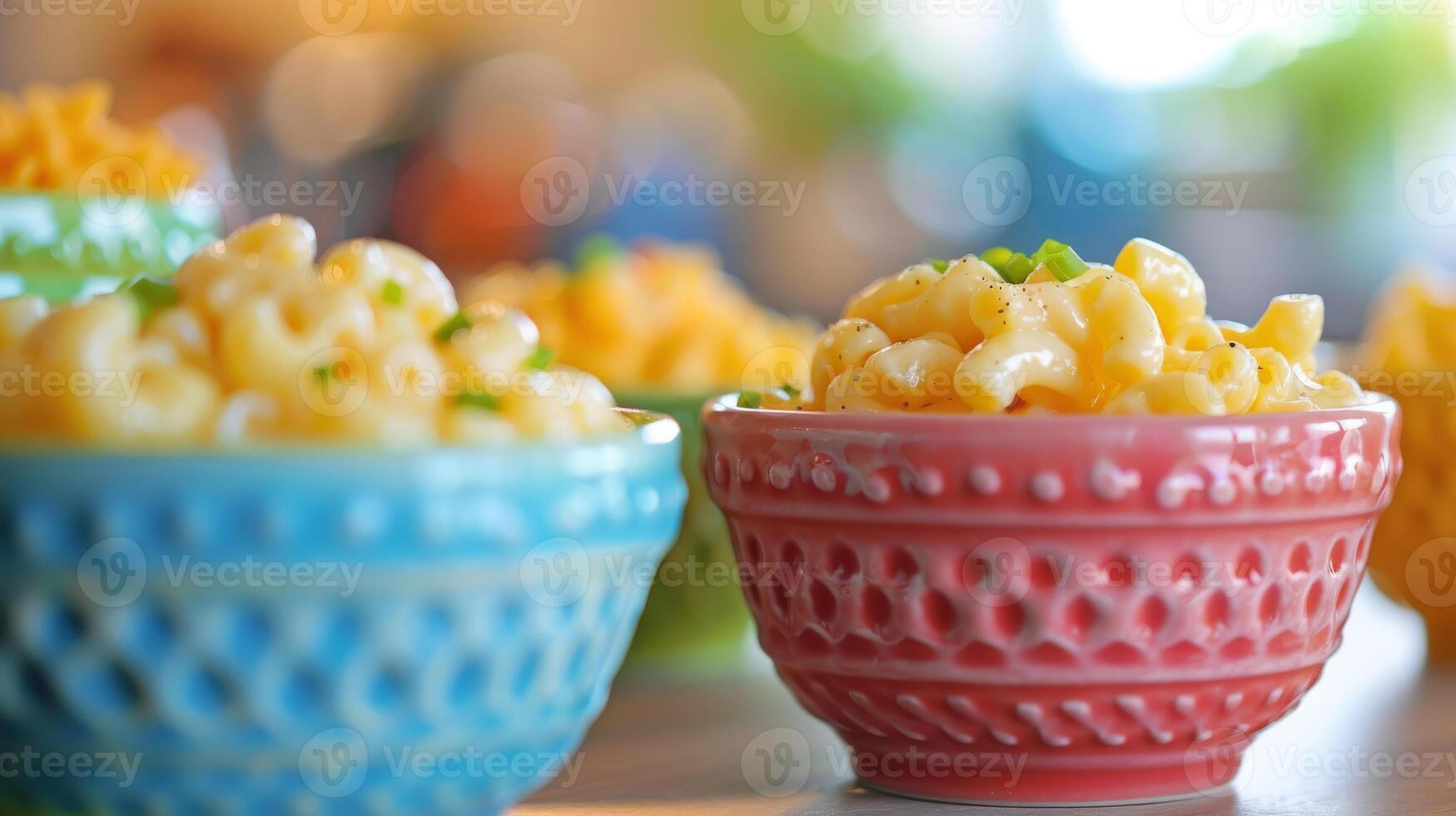 Schalen von Gelb Pasta sind Sitzung auf ein Tisch. das Schalen sind vereinbart worden im ein Reihe foto