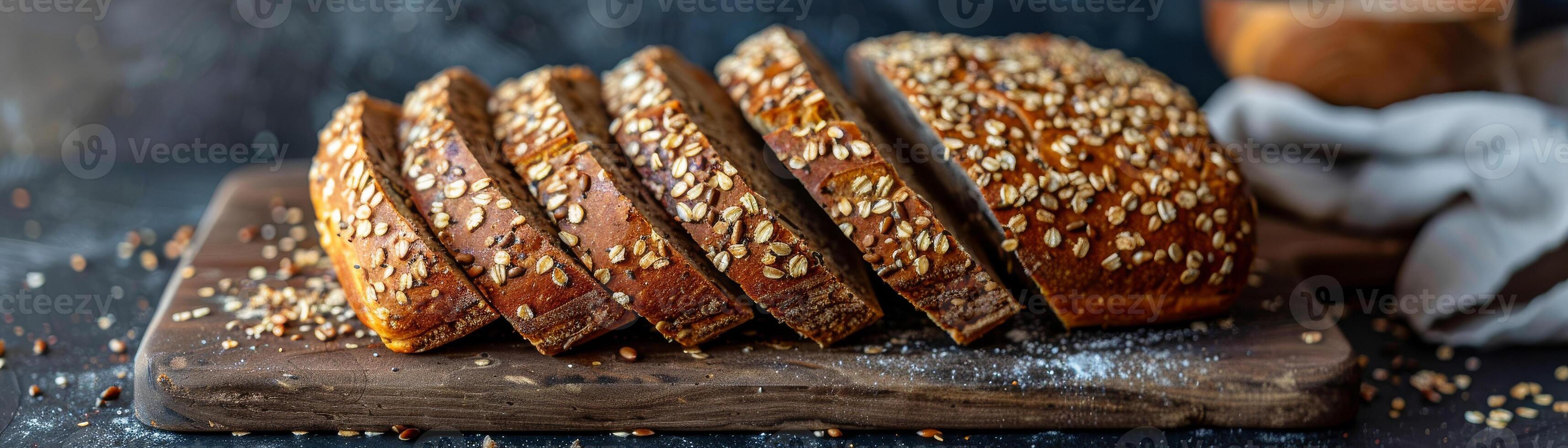 geschnitten Mehrkorn Brot auf hölzern Tafel foto