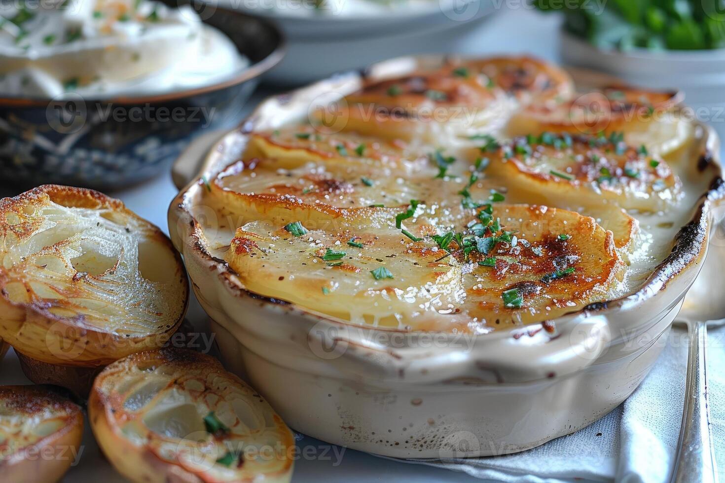 Französisch Tartiflette im das Küche Tabelle Fachmann Werbung Essen Fotografie foto