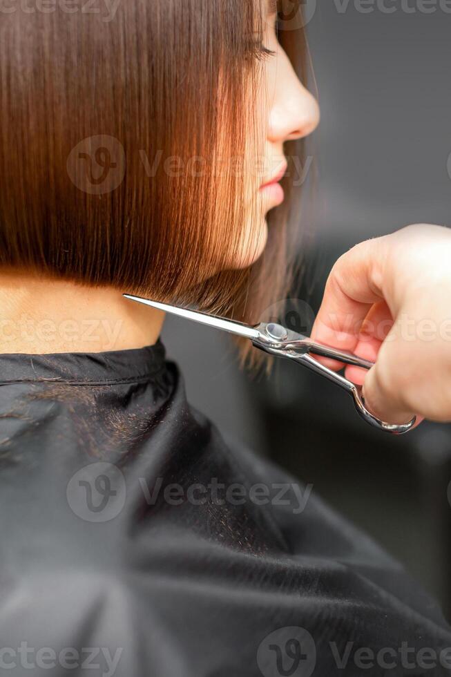 Frau haben ein Neu Haarschnitt. männlich Friseur Schneiden braun Haar mit Schere im ein Haar Salon. foto