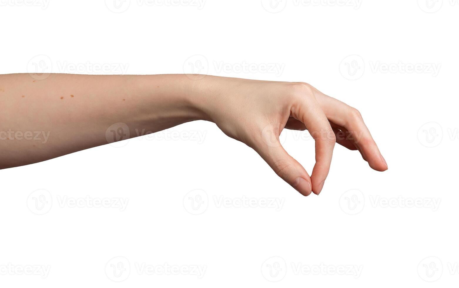kaukasisch weiblich s Hand Geste. Prise, halten, streuen Aktion zeigen Salz- oder würzen. winzig Finger foto