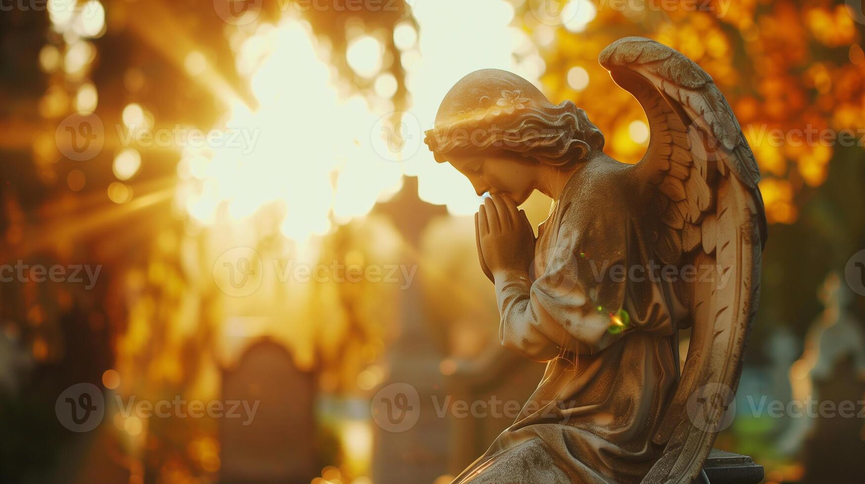 Engel Statue beten auf Friedhof. golden Stunde Herbst Friedhof. im liebend Erinnerung foto