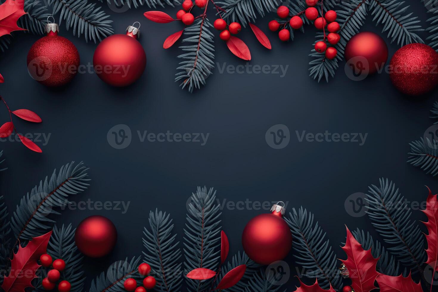 stilvoll Weihnachten Banner mit rot Kugeln, Beeren, und Kiefer Blätter auf ein dunkel Hintergrund foto