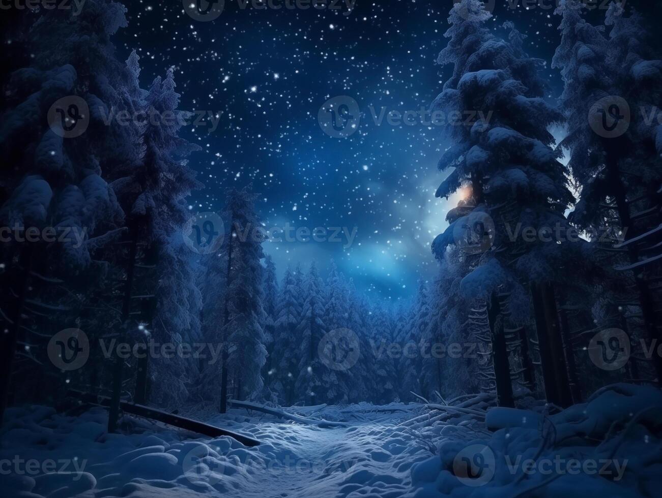 Märchen Nacht Wald bedeckt mit Schnee im das Mondlicht. Winter Landschaft. Neu Jahr Konzept foto