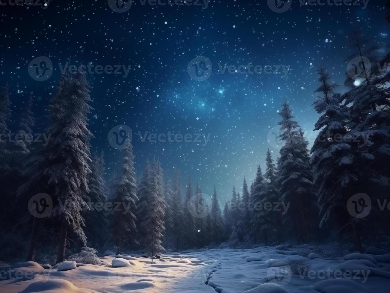 Märchen Wald bedeckt mit Schnee im das Mondlicht. Winter Landschaft. Neu Jahr Konzept foto