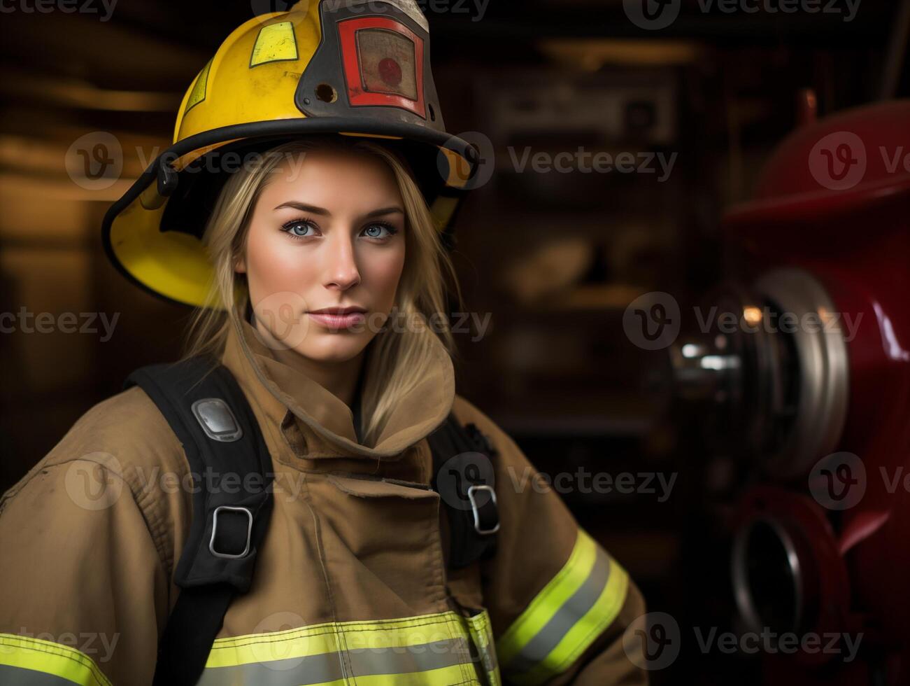weiblich Feuerwehrmann beim Arbeit Nahansicht. Frau Werdegang Konzept foto