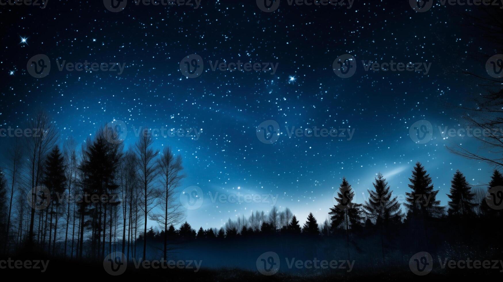 sternenklar Nacht Hintergrund mit funkelnd Himmel Über Wald Kante Silhouette foto