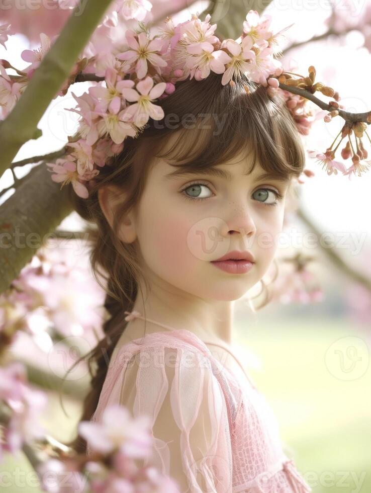 ung Mädchen mit auffällig Blau Augen unter Rosa Kirsche Blüten foto