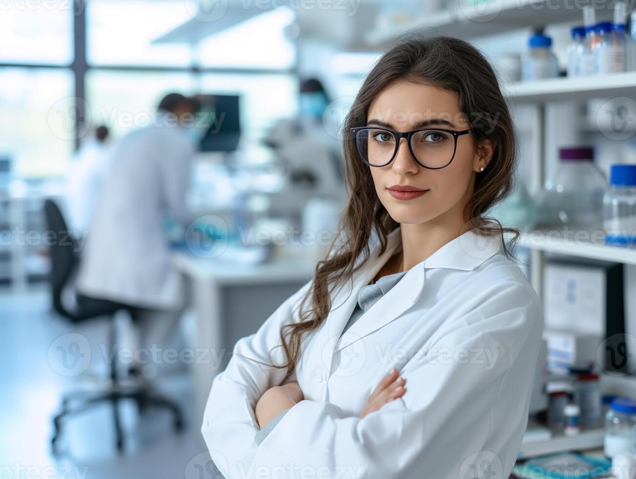 konzentriert Frau Wissenschaftler mit Brille im klinisch Forschung Labor foto