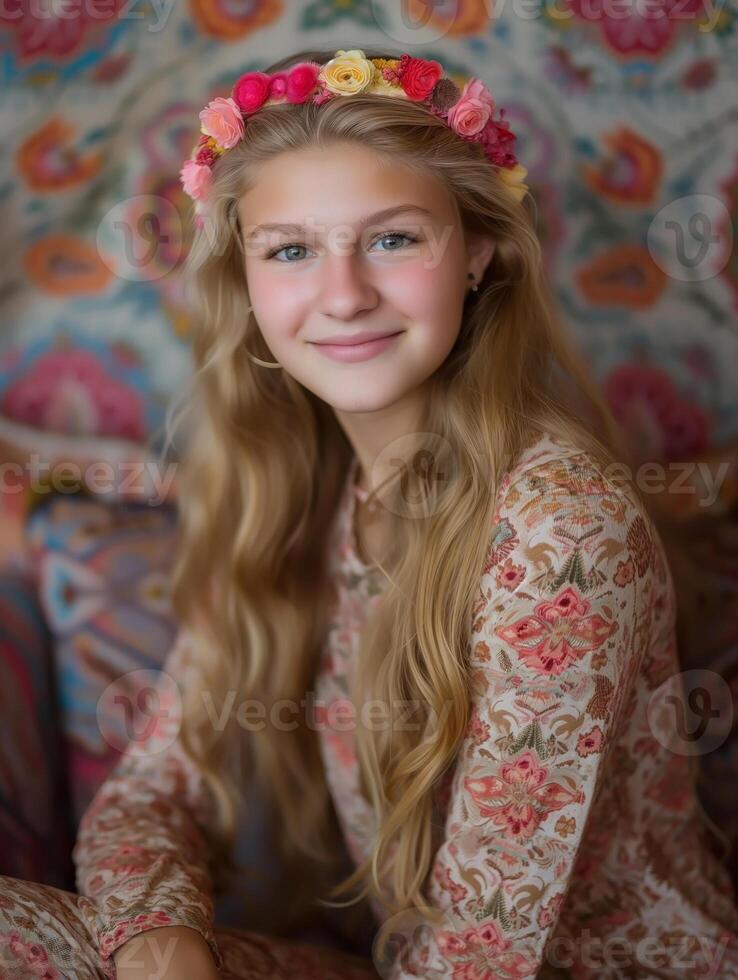 heiter jung Mädchen mit ein bunt Blumen- Krone im ein gemustert Outfit foto