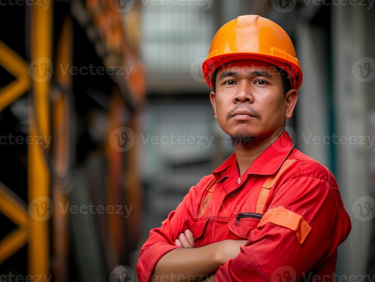 Porträt von Industrie Instandhaltung Ingenieur im Orange Sicherheit Helm und rot Overall foto