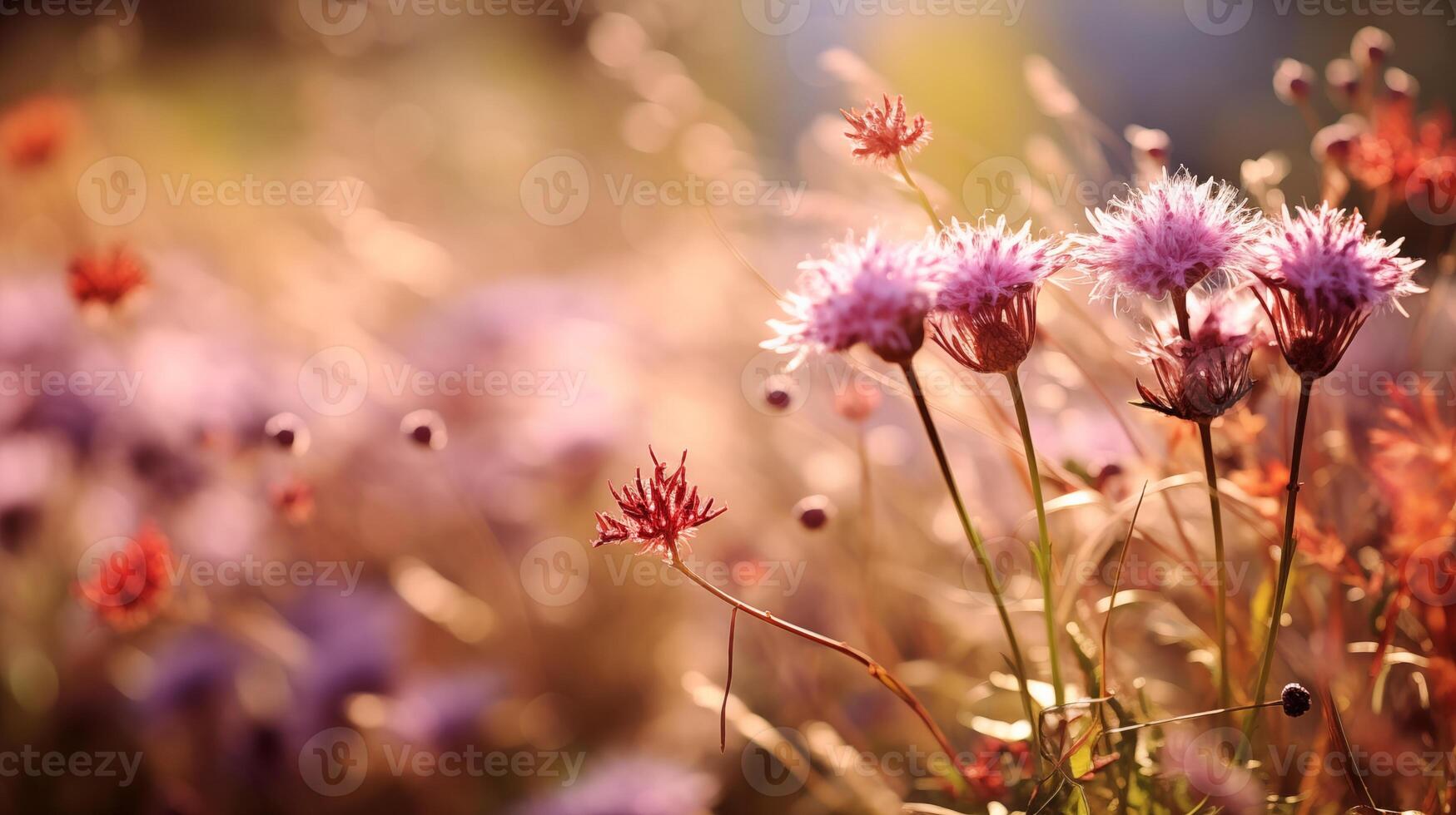 Sonnenuntergang Licht Gießen Sanft glühen auf zart lila Feld Blumen foto