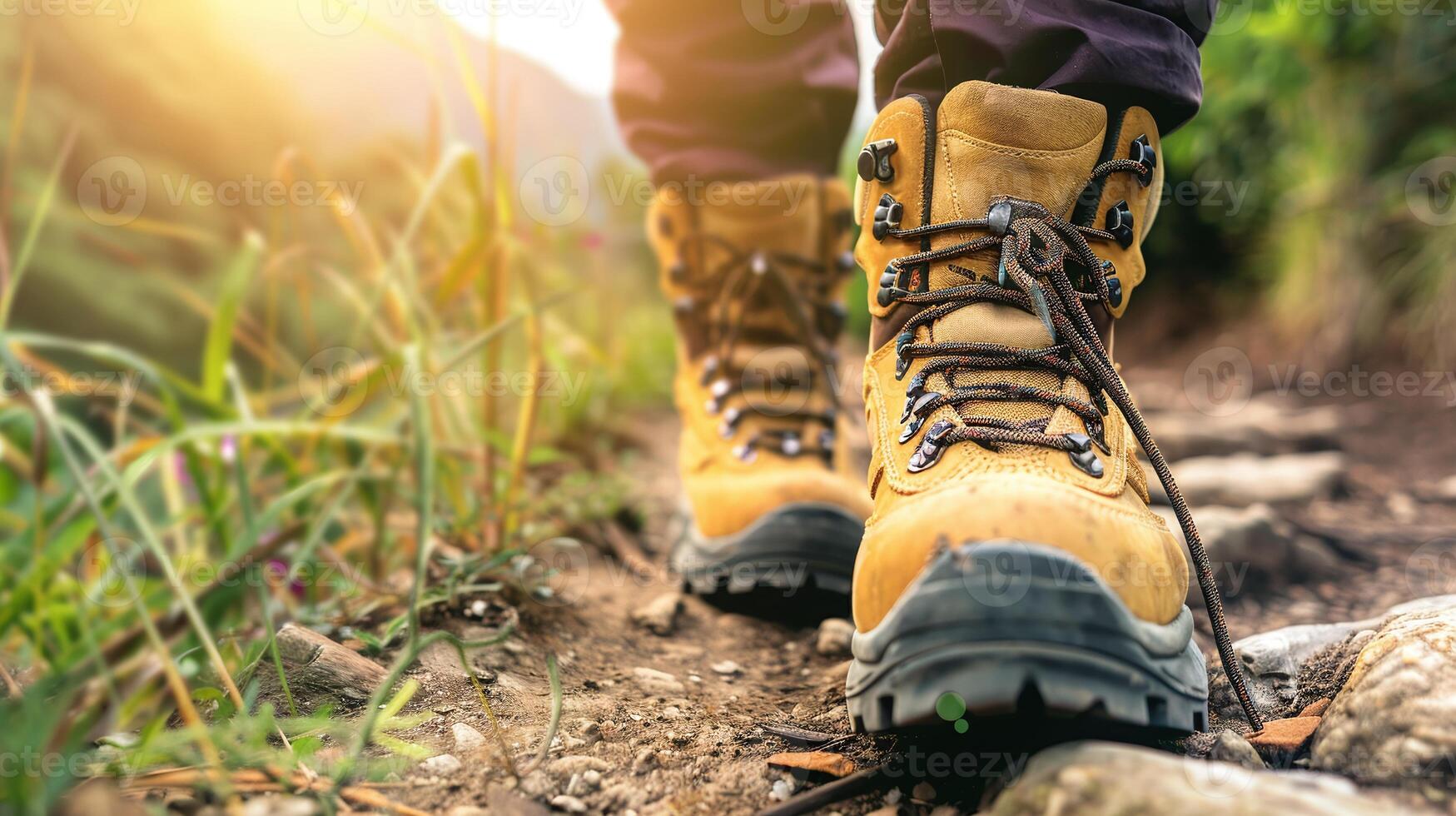 Natur Erkundung Erfahrung schließen oben Aussicht von Gehen Stiefel auf draussen Weg foto