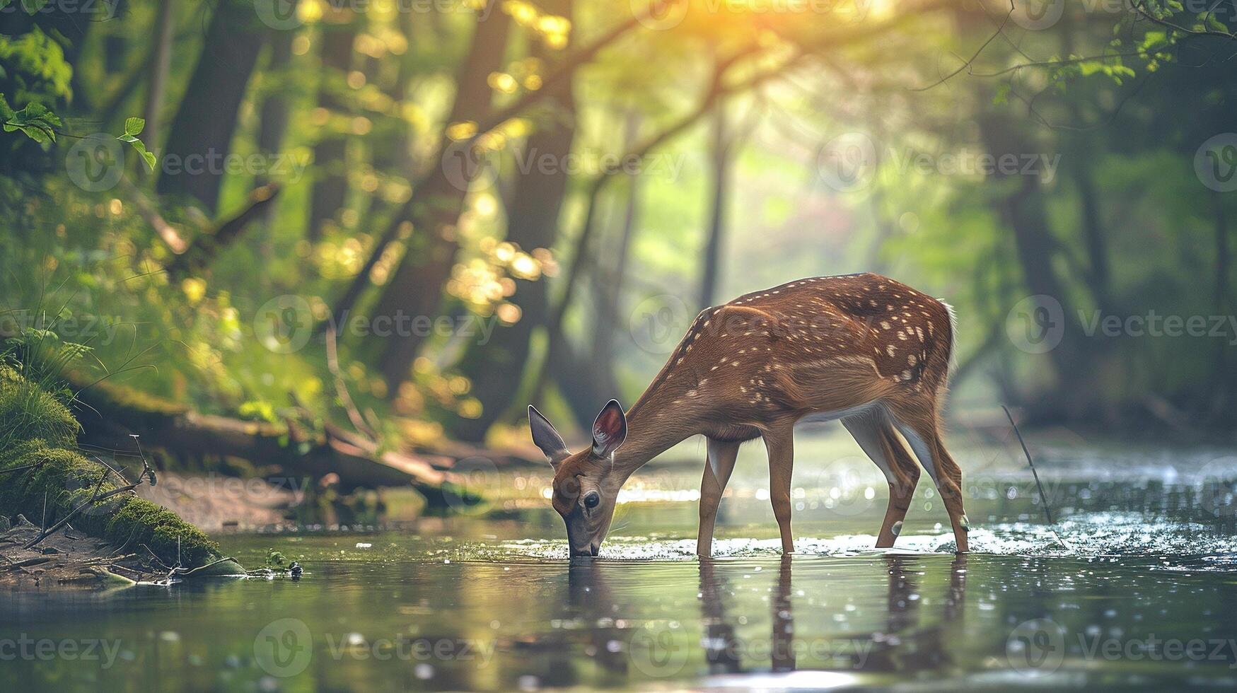 Tierwelt Hirsch Trinken von Fluss im Wald, heiter Natur Szene foto