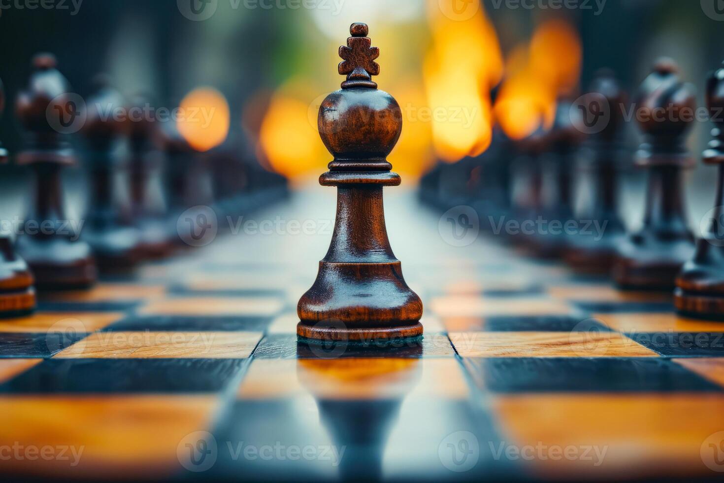 einsam König Stück steht im das Center von Schachbrett umgeben durch Stücke Das sind alle im anders Richtungen Erstellen interessant visuell bewirken foto