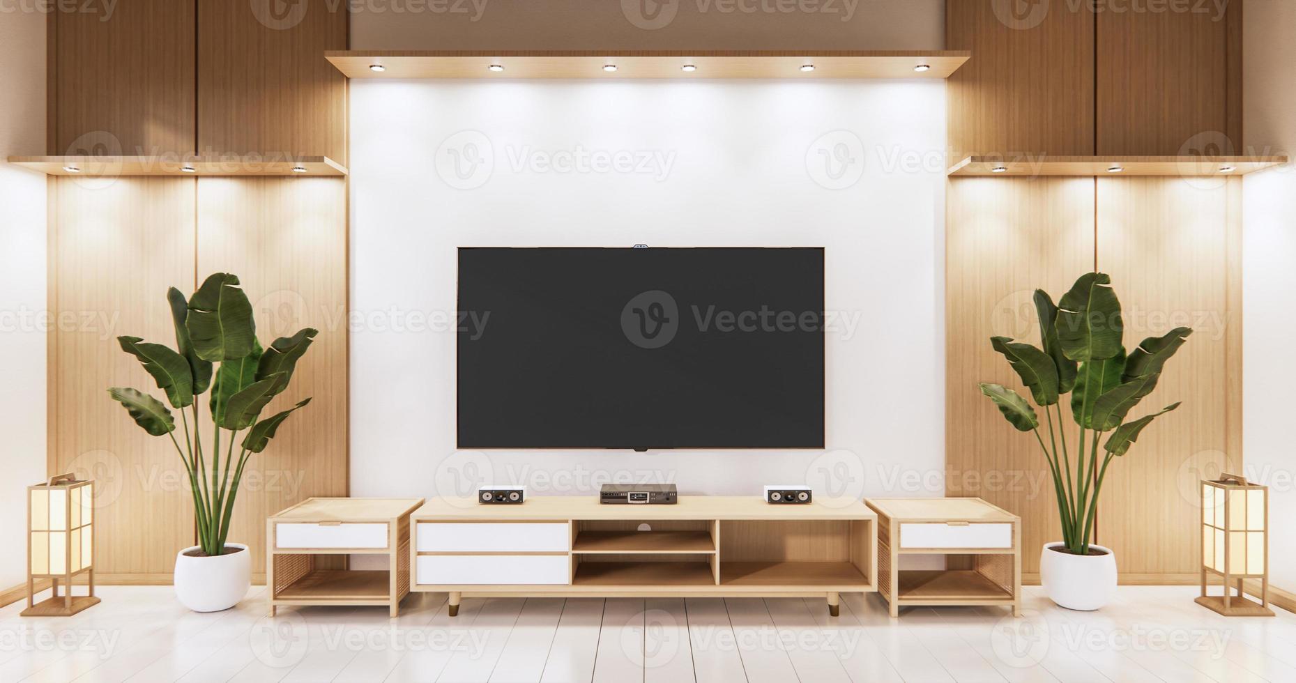 TV auf leerem Wandhintergrund und Wand aus Holz japanisches Design im Wohnzimmer-Zen-Stil. 3D-Rendering foto