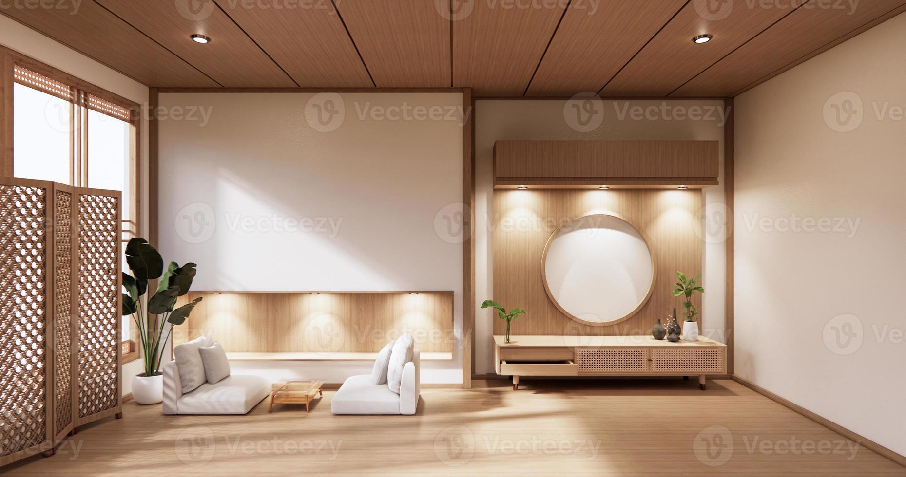 Holzschrank im modernen leeren Raum und weiße Wand auf weißem Bodenraum im japanischen Stil. 3D-Rendering foto